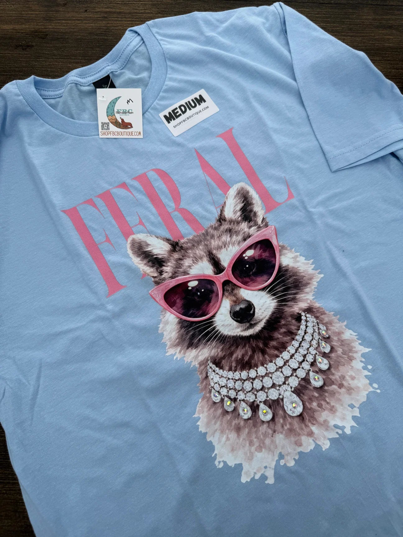 Blue & Pink Feral Rhinestone Detail Raccoon Graphic Tee
