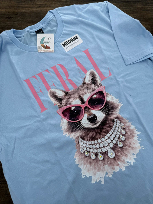 Blue & Pink Feral Rhinestone Detail Raccoon Graphic Tee