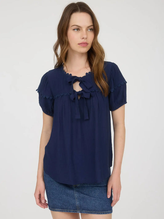 Moments Like This Navy Scallop Trim Front Tie Detail Puff Sleeve Top