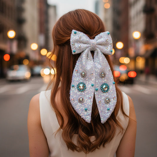 Girl Just Wanna Have Fun Iridescent & Turquoise Western Bow