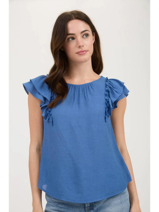 It's In the Detail Blue Bow Detail Ruffle Sleeve Top