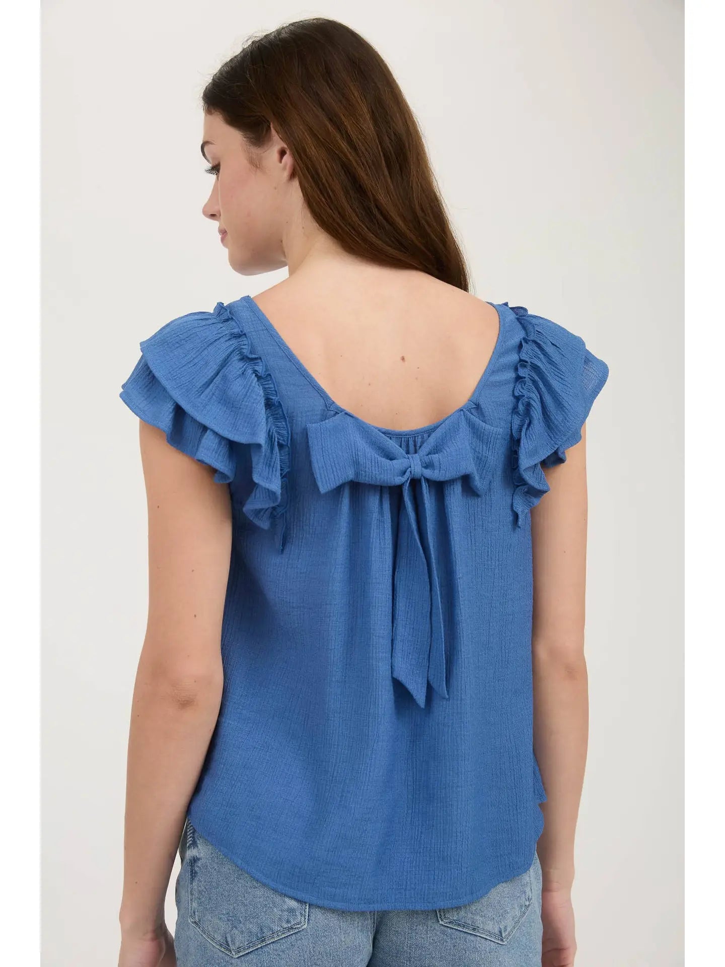 It's In the Detail Blue Bow Detail Ruffle Sleeve Top