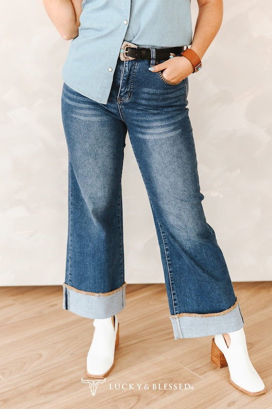 Mid Wash High Rise Stretch Denim Western Stitch Wide Leg Jeans