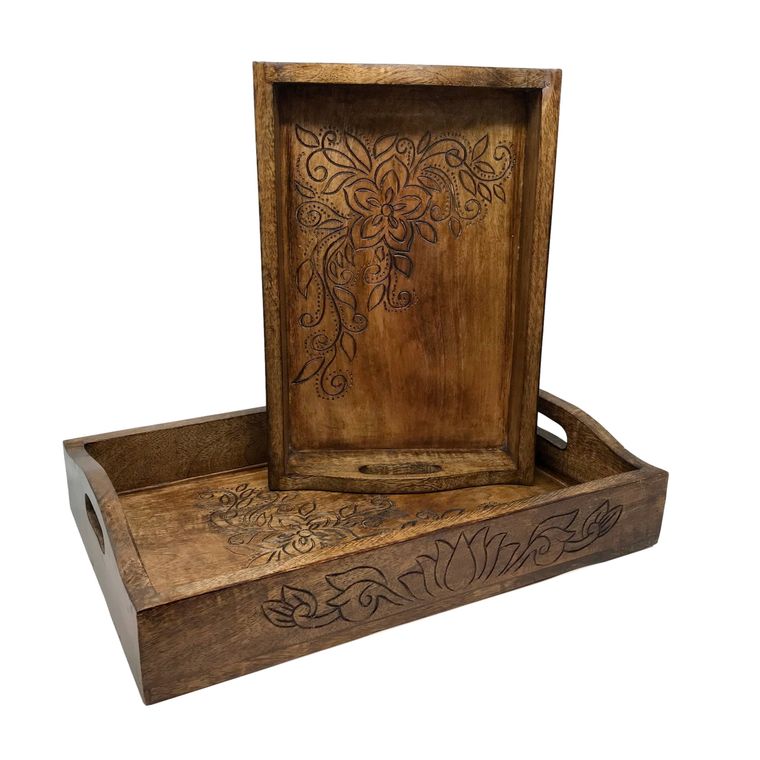 Floral Hand Carved Wood Serving Trays - Brazen Ranch