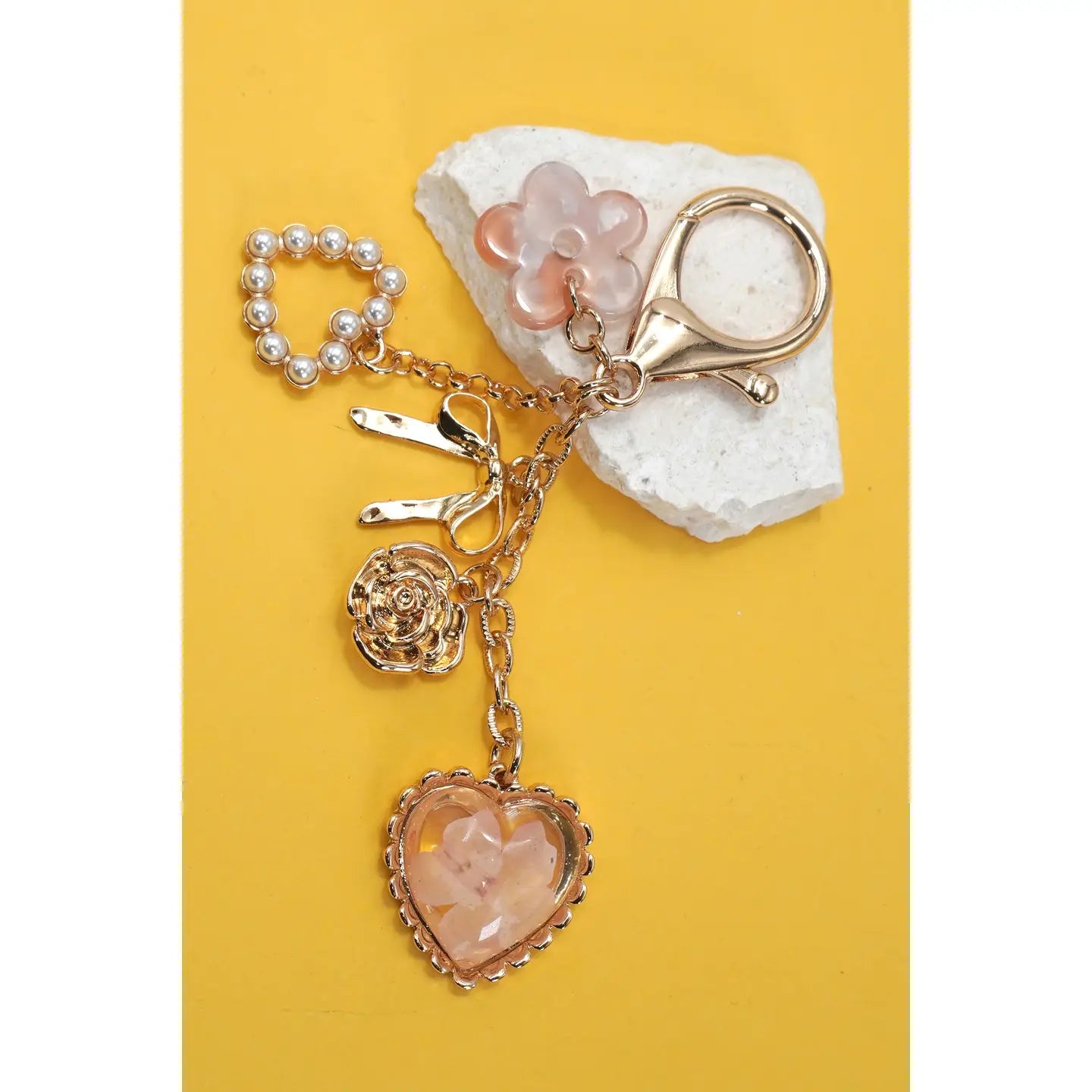 All That Time Pressed Flower Bow Pearl Heart Charm Keychain