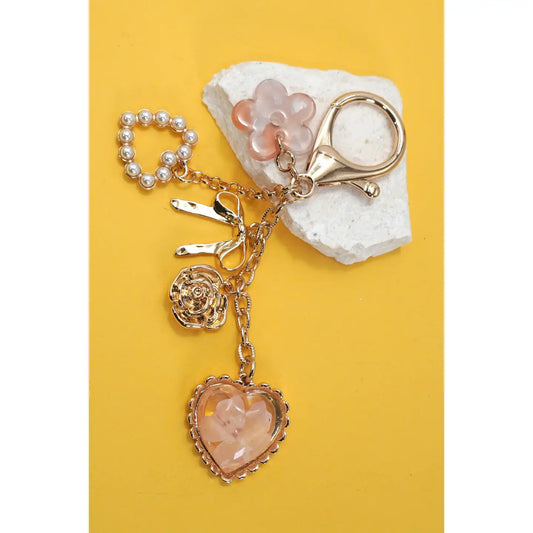 All That Time Pressed Flower Bow Pearl Heart Charm Keychain