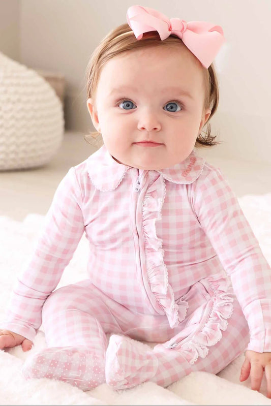Peter Pan Collar Ruffle Zipper Footie Rosy Gingham
