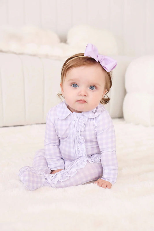 Peter Pan Collar Ruffle Zipper Footie Lilac Gingham