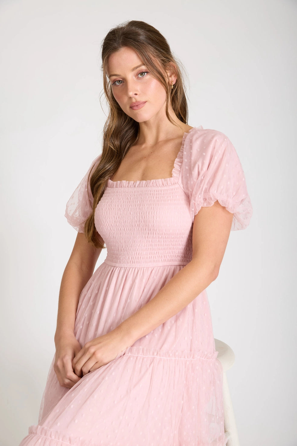 Something More Pink Dot Tulle Puff Sleeve Smocked Tiered Midi Dress