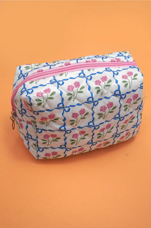 Southern Charm Pink Roses Quilted Cosmetic Pouch