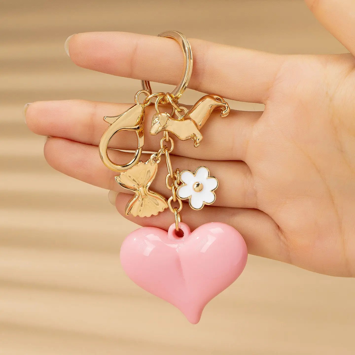 The Edward Pink Bow Heart Doxie Charm Keychain