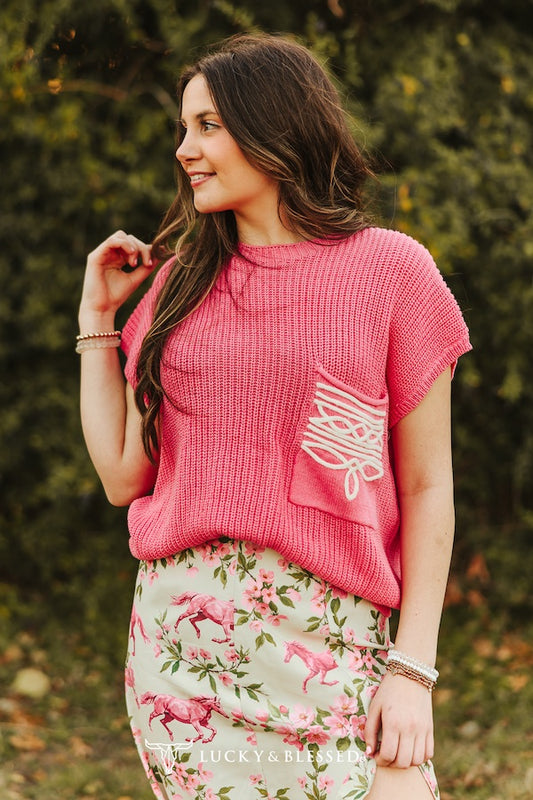 Pink Knit Sweater Boot-stitch Embroidered Pocket Edge Thread Top