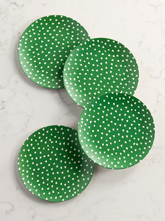 SET OF 4 HEARTS PRINT APPETIZER PLATES, GREEN