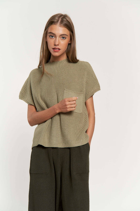 MOCK NECK CAP SHORT SLEEVE KNIT SWEATER TOPS