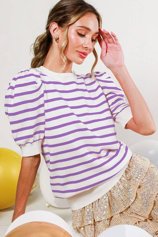 Crew neck puff short sleeve stripe sweater top VT81344A: L / Lavender