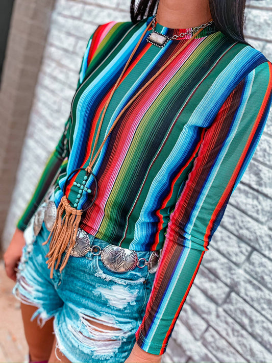 Painted Dessert Long Sleeve Mesh Top - Serape - MK165: M / SERAPE