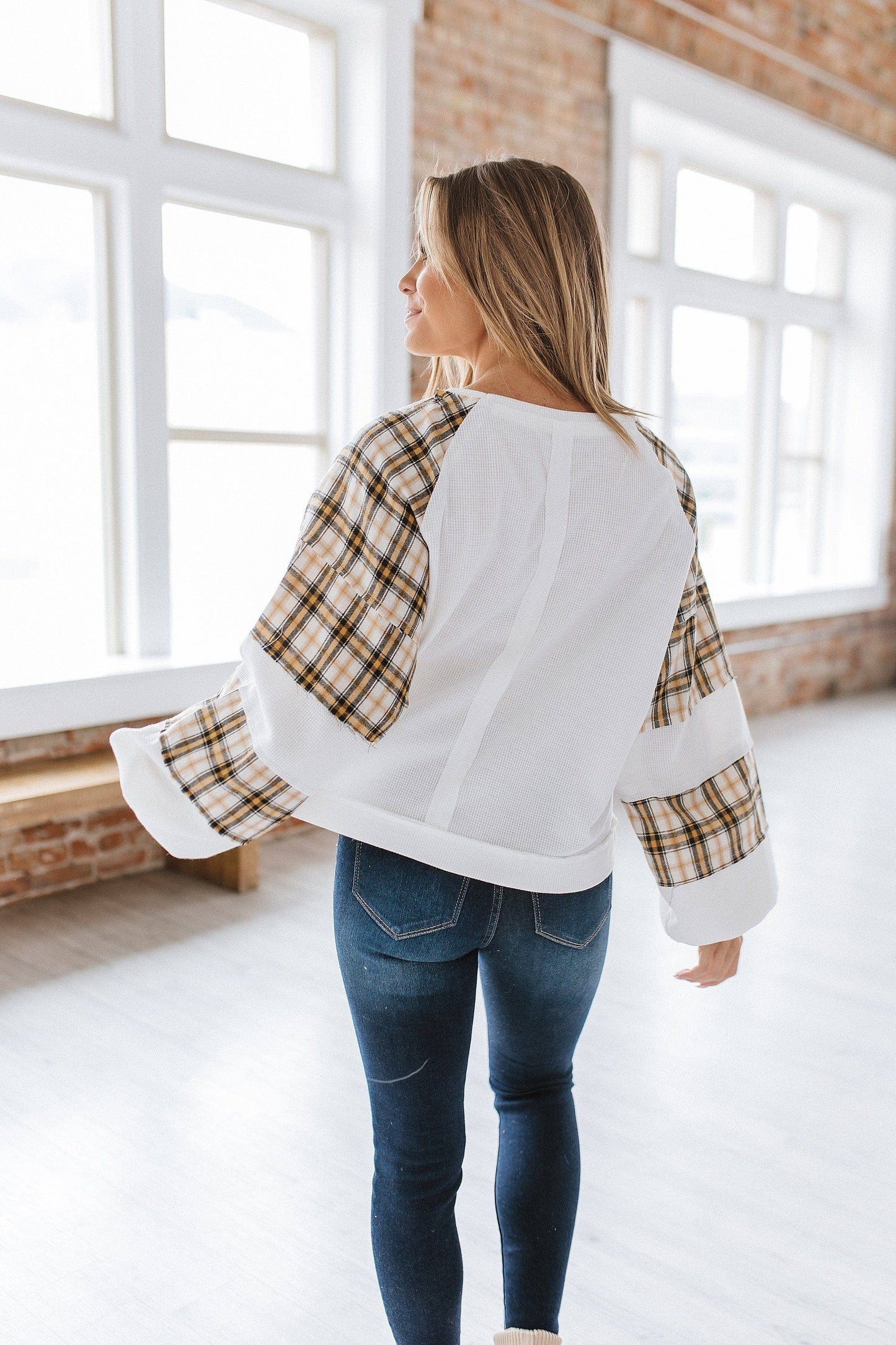 Reign Plaid Waffle Knit Top: L / White