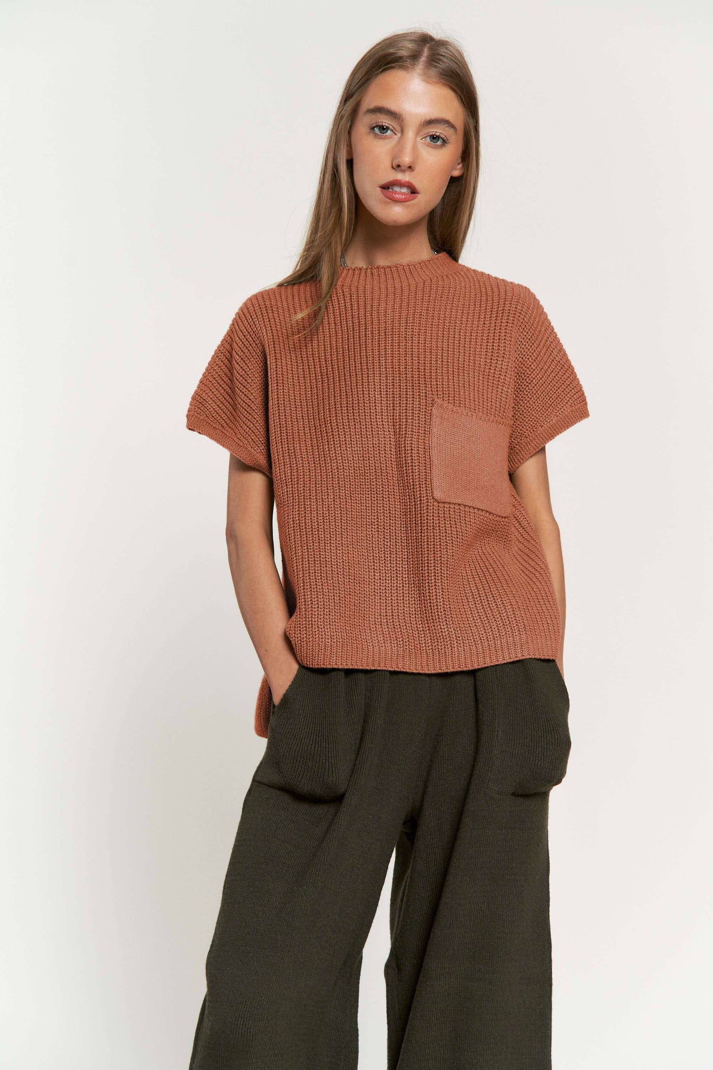 MOCK NECK CAP SHORT SLEEVE KNIT SWEATER TOPS