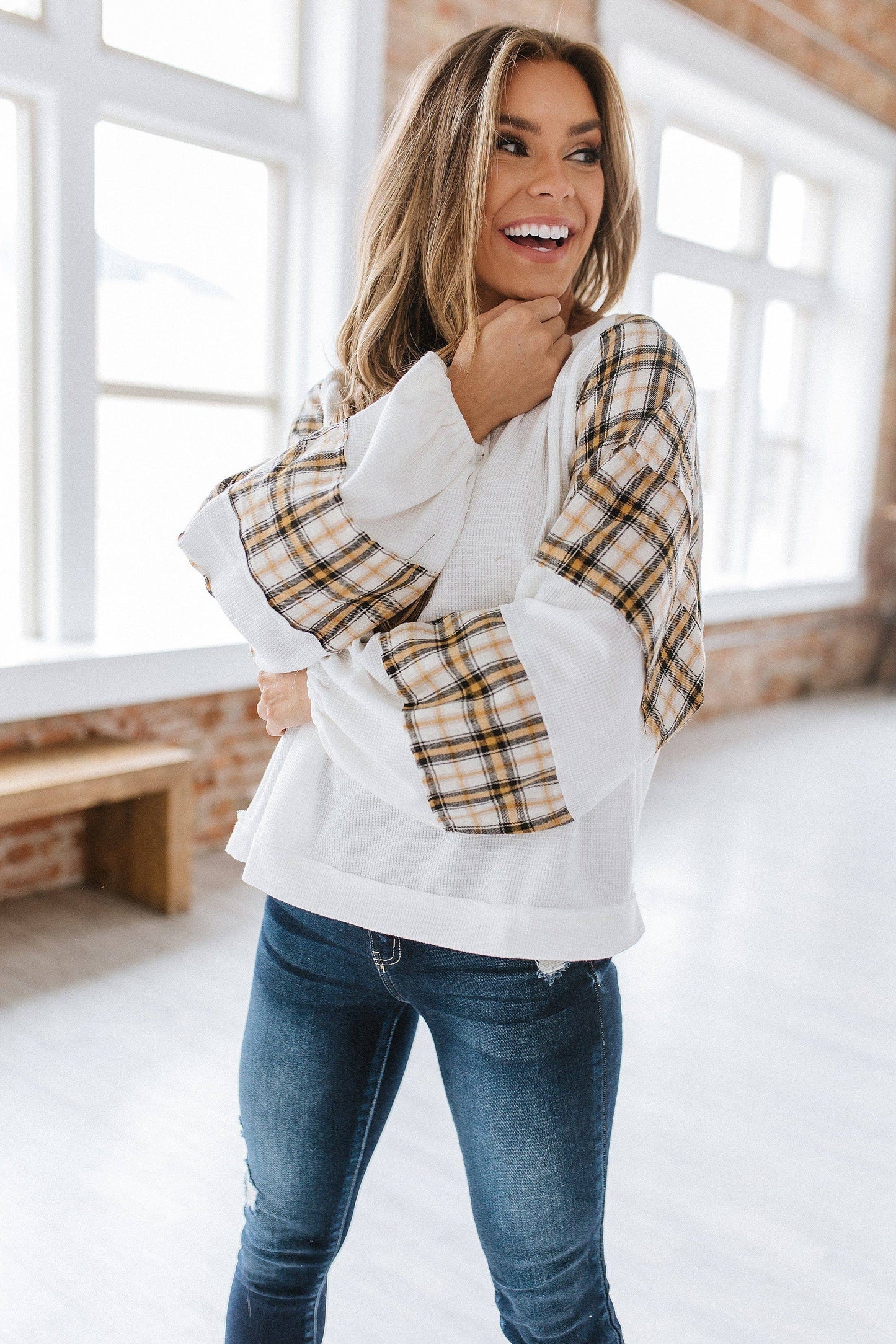 Reign Plaid Waffle Knit Top: L / White