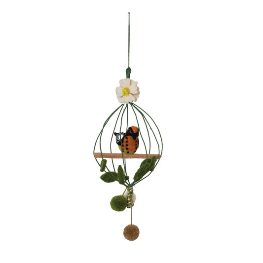 Wool Felt Bird Cage Mobile with Bird, Flower and Pom Poms