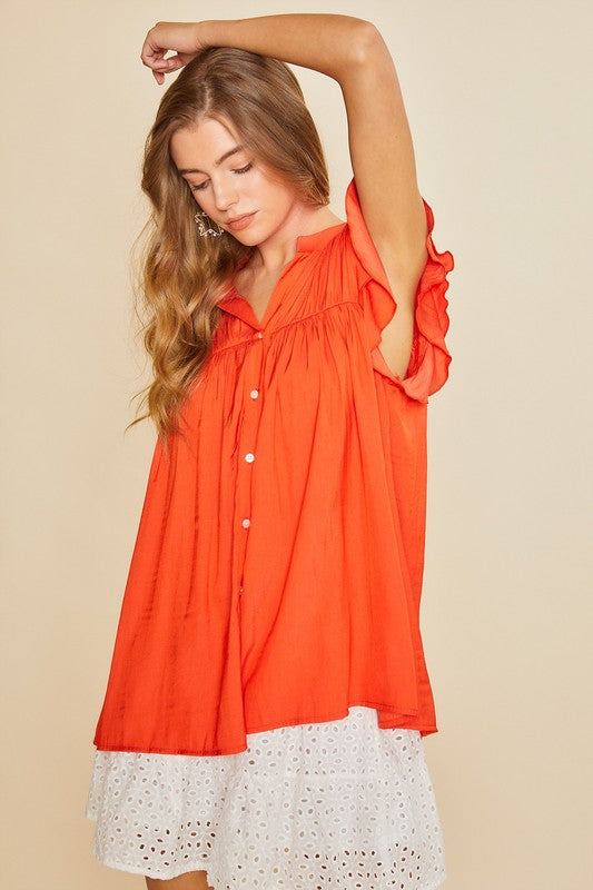 Orange Ruffle Sleeve Tunic Top