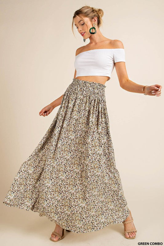 Smocked Floral Midi Skirt