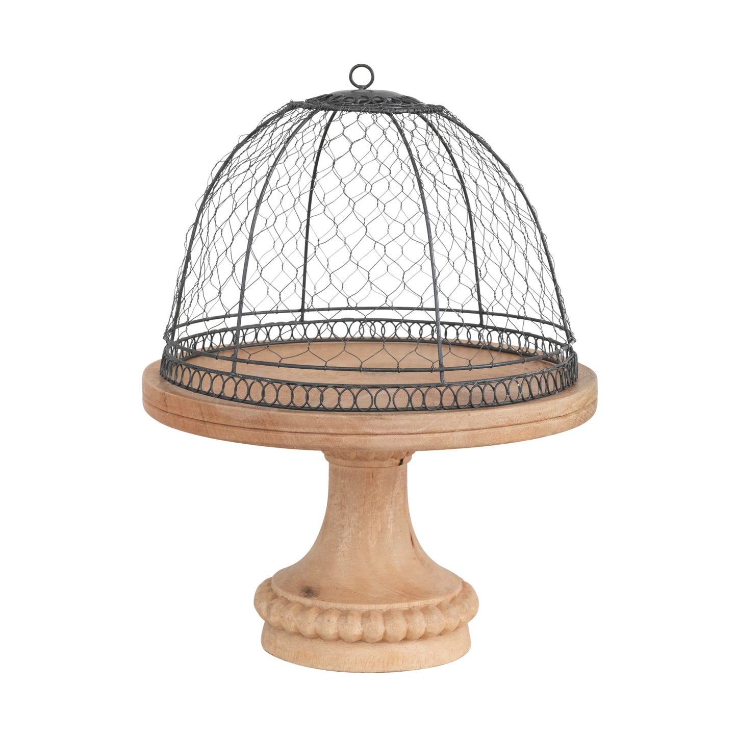 Metal Wire Cloche with Mango Wood Pedestal Base