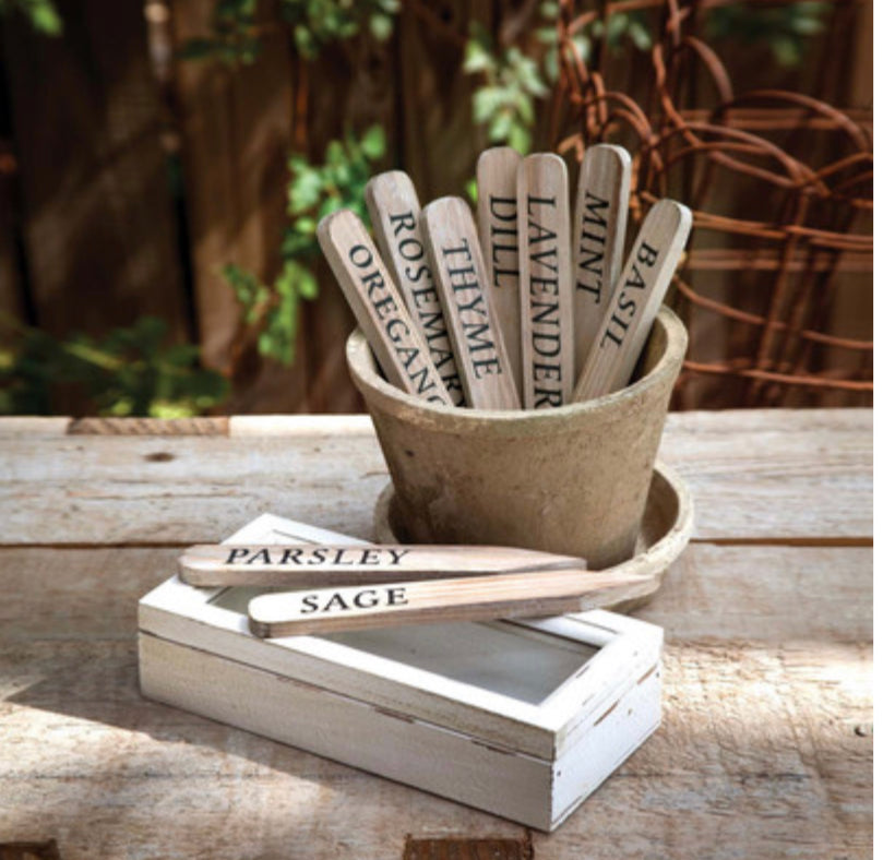 Wooden Herb Plant Stakes in Wooden Box, Set of 9